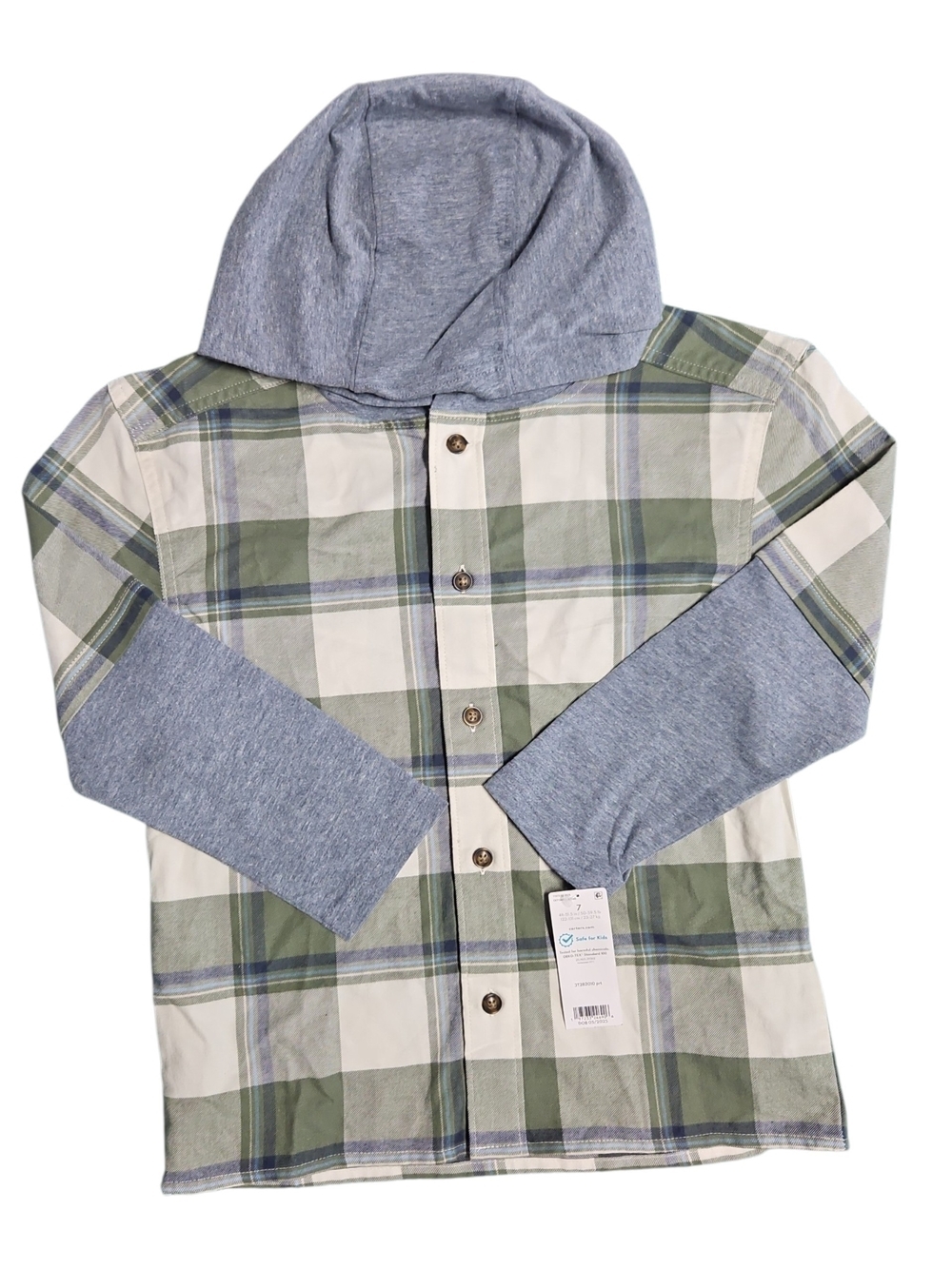 Carter's Boys Green Plaid Button-Down Shirt with Heather Blue Hood Size 7